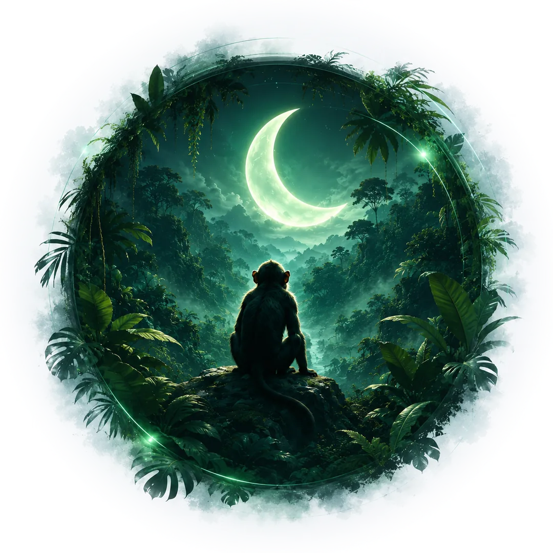 Escena MOONKEY — mono contemplando la luna en una jungla cinematográfica